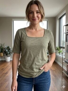 Marled Essentials NWT Sage Green Slub Knit Square Neck Top Size L Quiet Luxury